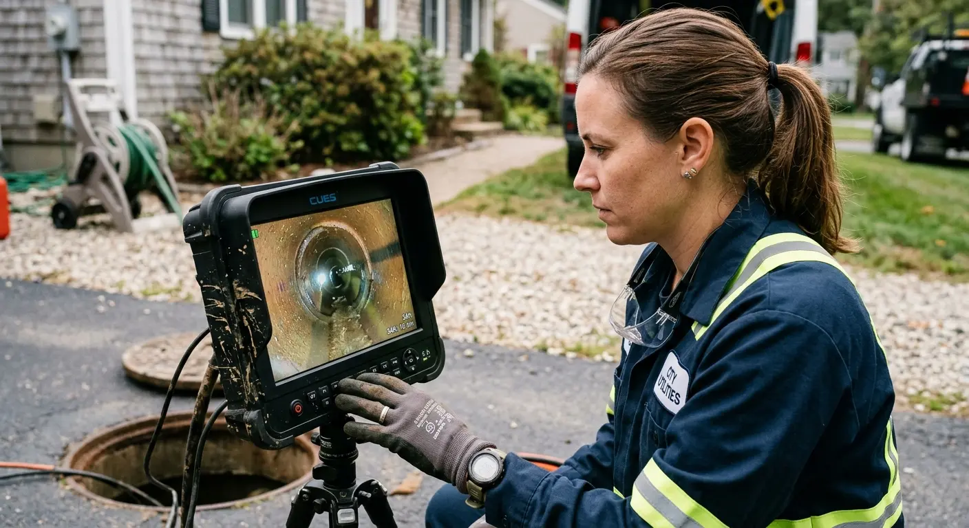 Technician reviewing sewer camera inspection footage in Wilton Manors
