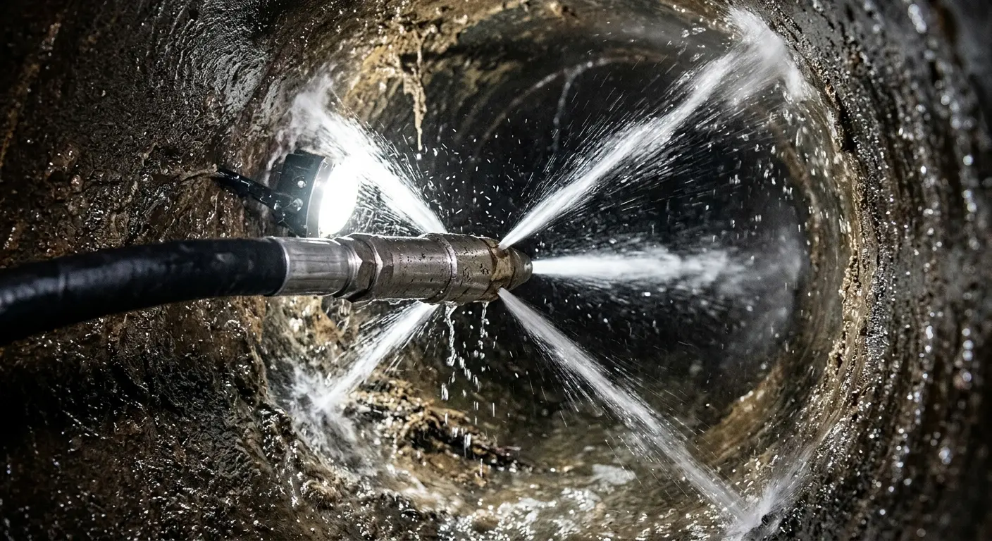 High-pressure hydro jetting nozzle cleaning sewer pipe for Emergency Drain Service in Wilton Manors